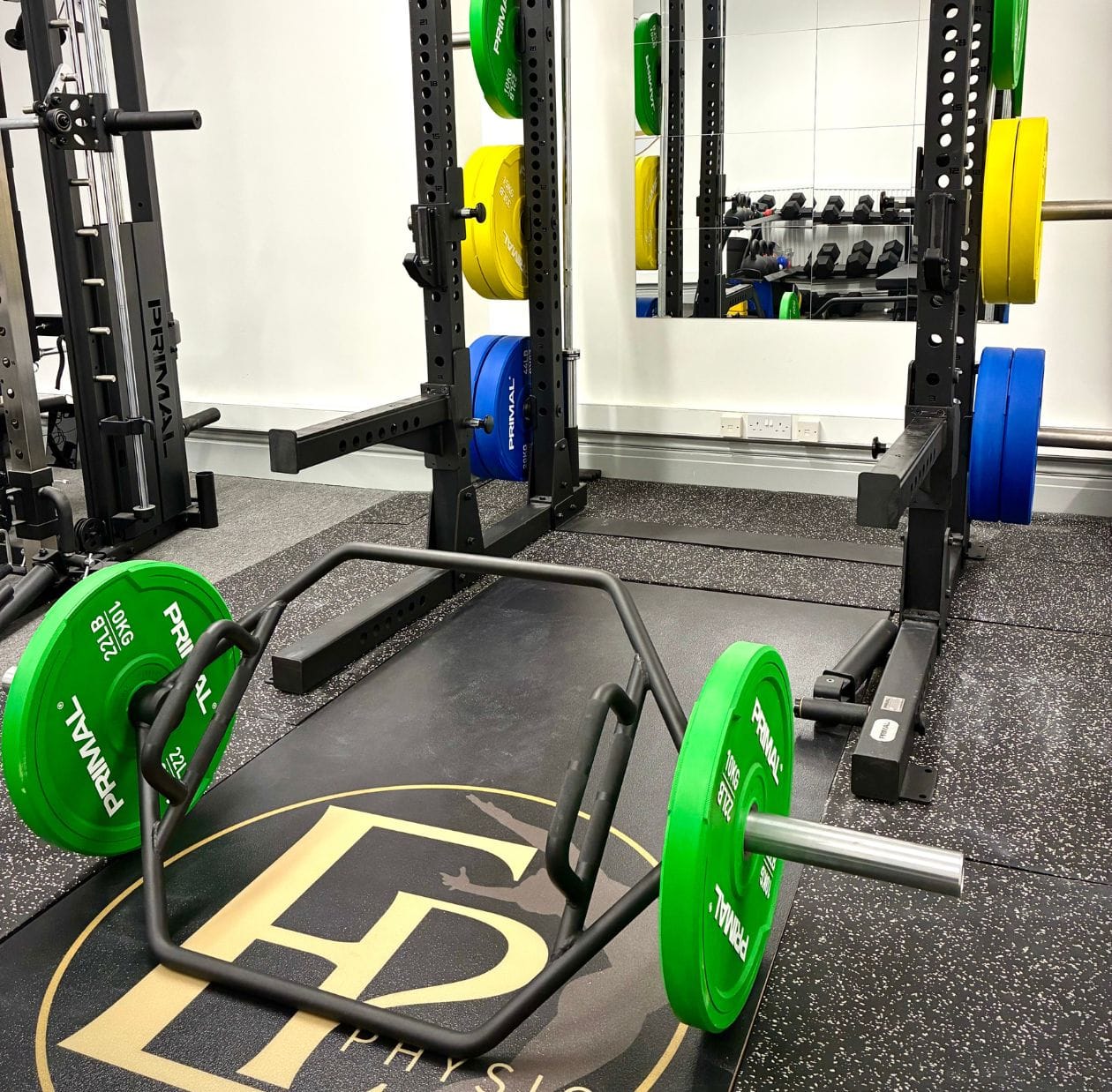 A squat rack with weights